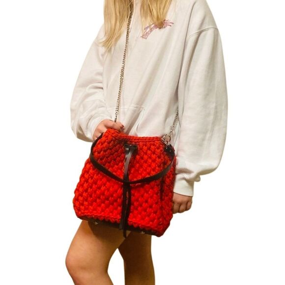 NEW Red Crochet Knit Cottagecore Braided Black Leather Hobo Bucket Crossbody
